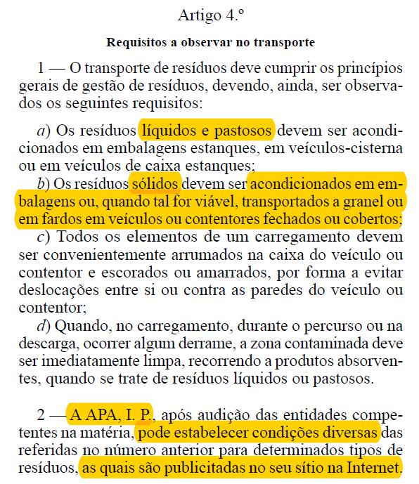 Componente Legislação PORTARIA destaques: Artigo 4º : condições do transporte; alguns problemas já