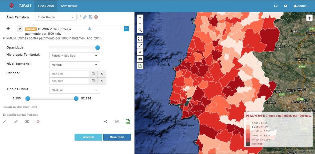 Neste segundo indicador, foram carregados no sistema os dados do INE sobre a criminalidade contra património por 1000 habitantes, ao nível dos municípios.