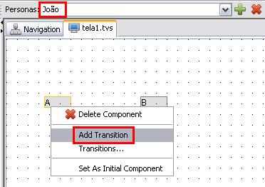 2.5 Transição 17 2.5.1 Adicionar Transição Esta funcionalidade permite criar uma transição entre dois componentes, estando eles na mesma tela ou em telas distintas.