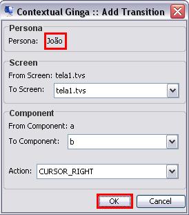 41). Na janela aberta, selecionar a tela e o componente de destino da transição e qual a ação que vai disparar a transição. Em seguida, o usuário deve clicar no botão OK (Figura 2.42). Figura 2.