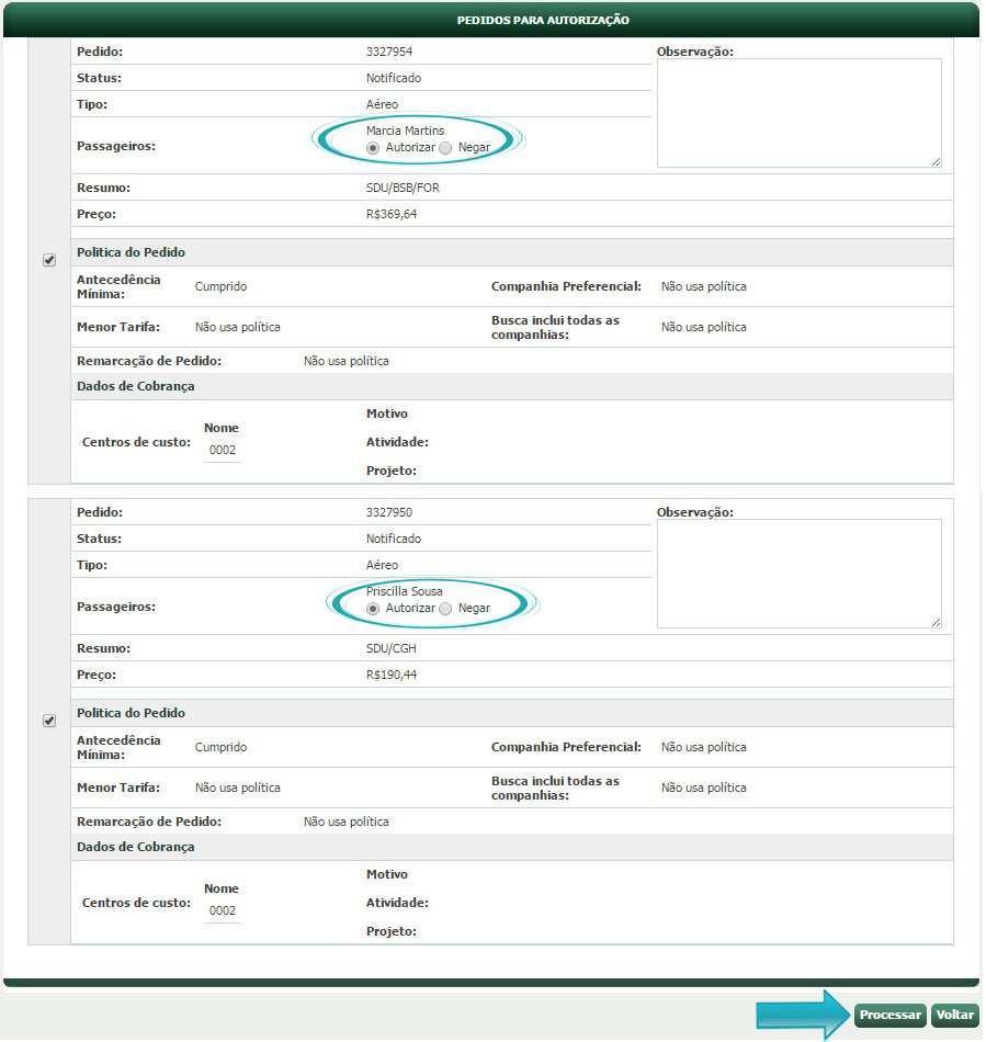 Após selecionar os Pedidos e clicar em Autorizar uma nova página será aberta com as opções Autorizar ou Negar o(s) Passageiro(s) daquele Pedido e um campo para inserção de observações, se assim