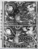 Lendas e Relatos Uma pintura de Rajasthan contando o nascimento de Mahavira (fundador da religião Jain). No alto: Devananda, a esposa de um sacerdote, na qual Mahavira foi concebido.