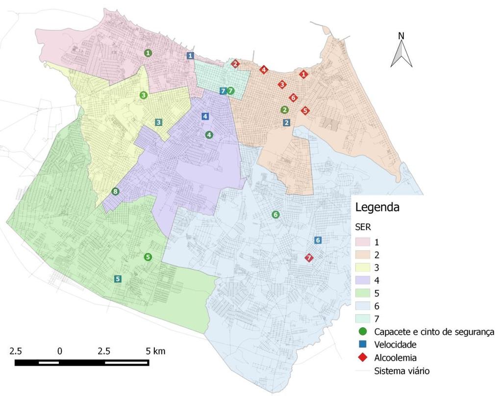 Figura 02: Locais de coletas dos fatores de risco De acordo com a Figura 02, observa-se que os pontos selecionados para pesquisa de alcoolemia concentraram-se nas SER 2, 6 e 7, por questões