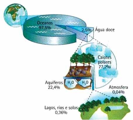 Cerca de 97% da água do planeta está nos oceanos, 2% está congelada nos polos e apenas 1% está nos rios e lagos (esquema de Água no Planeta). Foi nos oceanos que a vida surgiu há 1 bilhão de anos.