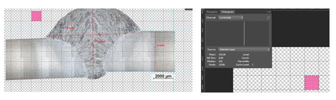 Na primeira etapa foi realizada a medição da amostra utilizando as escalas do Photoshop, conforme Figura 54. Figura 54: Medições da junta soldada utilizando o Photoshop.