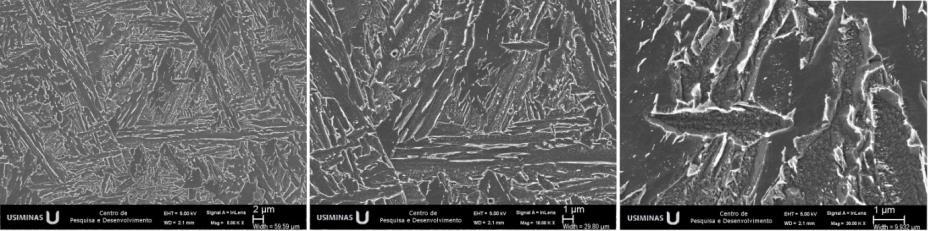 153 Ao analisar a amostra no MEV, em uma região em que não foi afetada pelo processo de soldagem, observa-se uma microestrutura fina com a presença de diferentes fases.