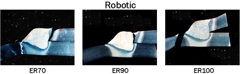 88 na solda, conforme Figura 42. Figura 42: Fratura de amostras soldadas GMAW robótica pulsada com ER70, ER90 e ER100. Fonte: Cardenas; Hernandez; Tijerina (2015).