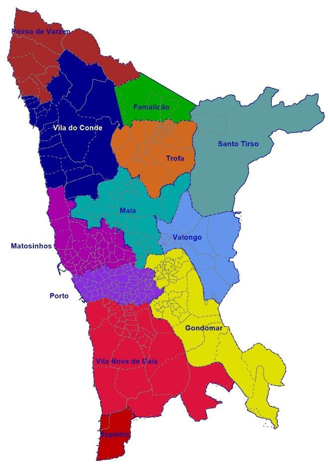 Tabela 3: Zonas por concelho Concelho Número de zonas Espinho 1* Famalicão 2 Gondomar 49 Maia 40 Matosinhos 53 Porto 85 Póvoa de Varzim 7 Santo Tirso 1 Trofa 24 Valongo 15 Vila do Conde 22 Vila Nova