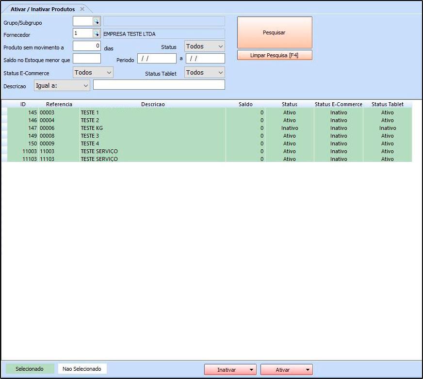 Referência: FS25.1 Versão: 2018.04.23 Como funciona: A tela Ativar / Inativar produtos é utilizada para atualizar o status dos produtos em lote.