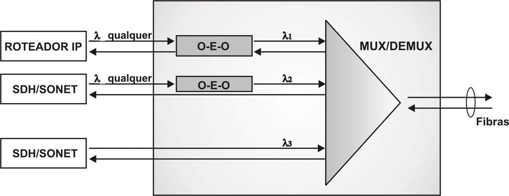 12 2.1.1 Terminais Ópticos de Linha Para fazer a multiplexação e demultiplexação dos canais em um sistema WDM são utilizados os Terminais Ópticos de Linha (OLT Optical Line Terminals).