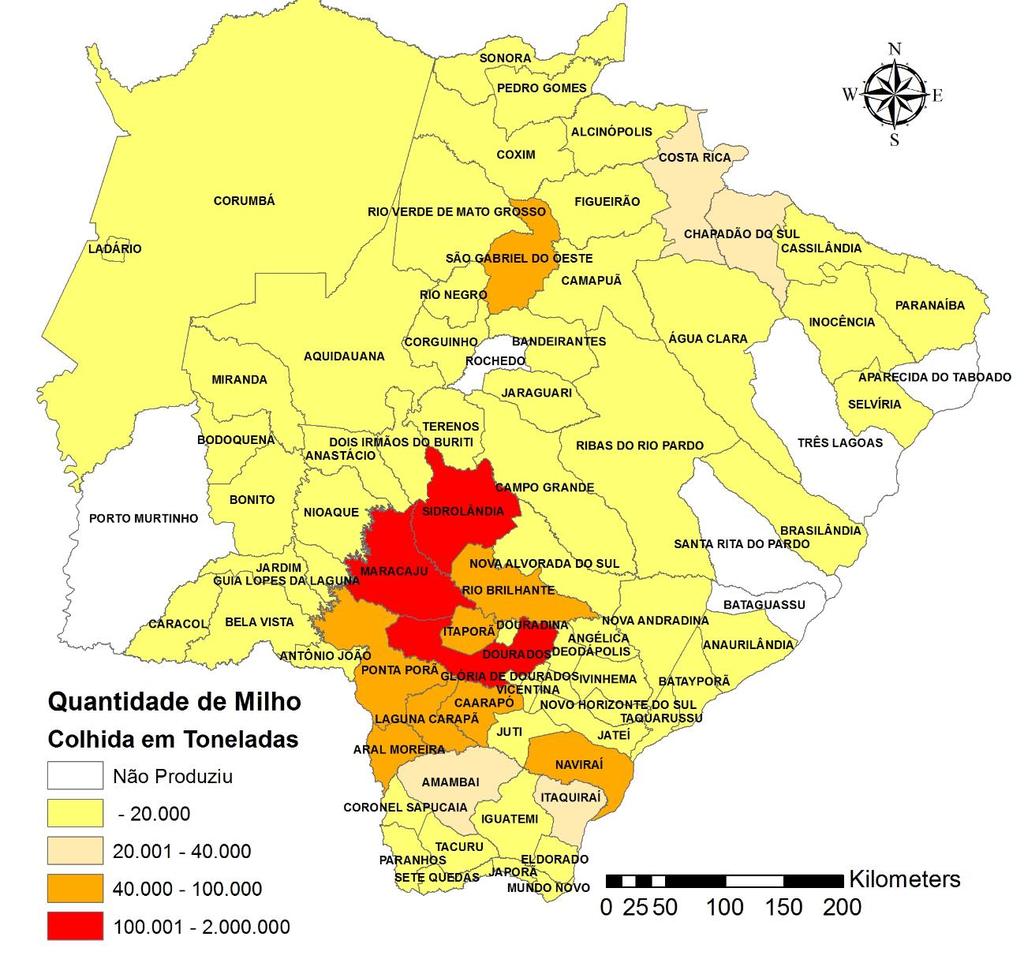 32 A figura 3.1 apresenta o nível de milho colhido por município no Mato Grosso do Sul. Percebe-se que a produção do milho se estende em quase todos os municípios do Estado. Figura 3.