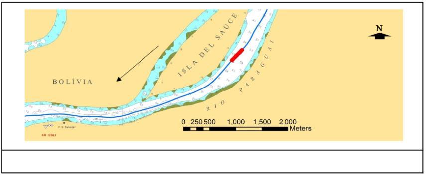 Passo 13 TRAMO: SUL NOME/LOCALIZAÇÃO: ISLA DEL SAUCE POSIÇÃO (Km): 1269,7 1270 EXTENSÃO: 0,30 km LARGURA DO CANAL: 105 m PROFUNDIDADE DESEJADA: 3 m PROFUNDIDADE MÉDIA: 2,65 m No DE PONTOS: