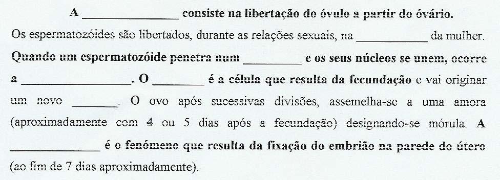 Carla vou entregar a cada um uma mini-ficha para trabalho de casa. vão preencher os espaços do pequeno texto com estes termos do acetato. preenchem e depois vão colar no caderno diário para estudarem.