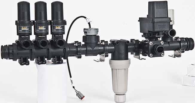 Unidade de Controle para Controladores TeeJet Inclui: Válvulas de Seção estilo de 2 vias, Flow ack, ou de 3-vias. Válvula de alívio de pressão (9850-PP).