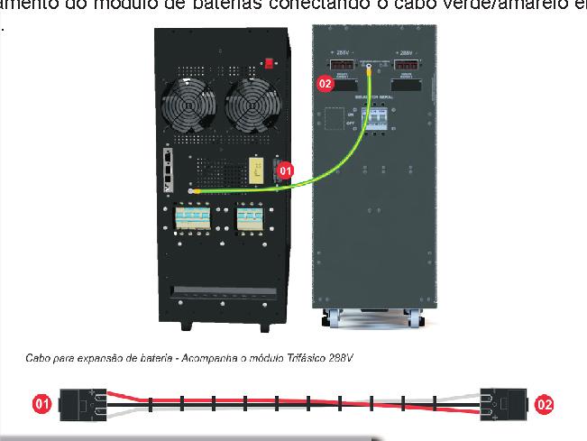 11. BANCO DE BATERIAS do módulo de baterias a cada três meses. Os Nobreaks NHS Expert On Line Trifásicos tem tensão de operação de 288VDC com bando de baterias simétrico de + 144V e -144V.