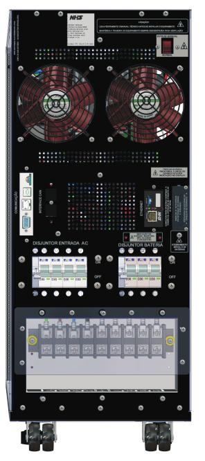 4. APRESENTAÇÃO Modelos 10kVA e 15kVA 01 02 03 04 09 05 10 06 07 11 12 13 08 14 01 - Leds de sinalização 02 - Display Touch Screen 03 - Botão frontal On/Off 05 - Ventiladores 06 - Concentrador de