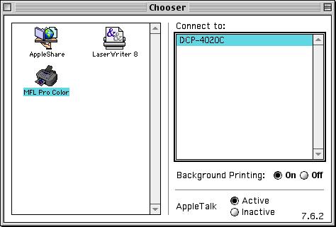9 Clique sobre o ícone MFL-Pro Color instalado. No lado direito de Chooser [Selecção], seleccione na impressora com a qual pretende imprimir. Feche Chooser [Selecção].