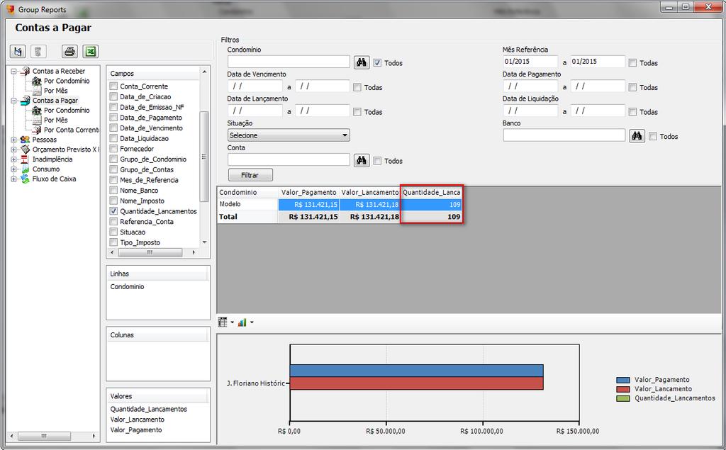 Exemplo: Consulta da quantidade de despesas lançadas no mês de referência 01/2015, para o Condomínio Modelo.