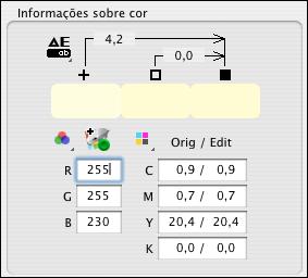 FIERY PROFILE EDITOR 66 5 Com a guia Saída (editado) exibida, use a ferramenta conta-gotas para colher amostras do amarelo acinzentado e verifique os valores CMYK sob a coluna Orig/Edit no painel