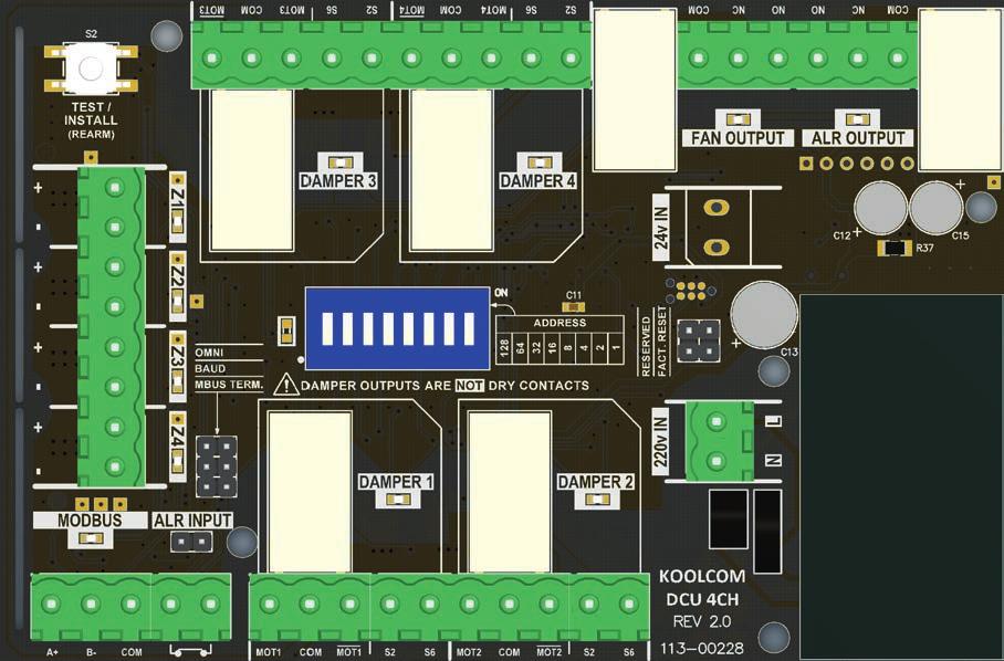 87 Damper Control Unit 4 channel (DCU 4CH) ALIMENTAÇÃO DE ENTRADA 230V CONTACTO SECO COMUTADO ALR OUTPUT é activado em caso de alarme Modelo 230V AC CONTACTO SECO COMUTADO FAN OUTPUT impulsão,