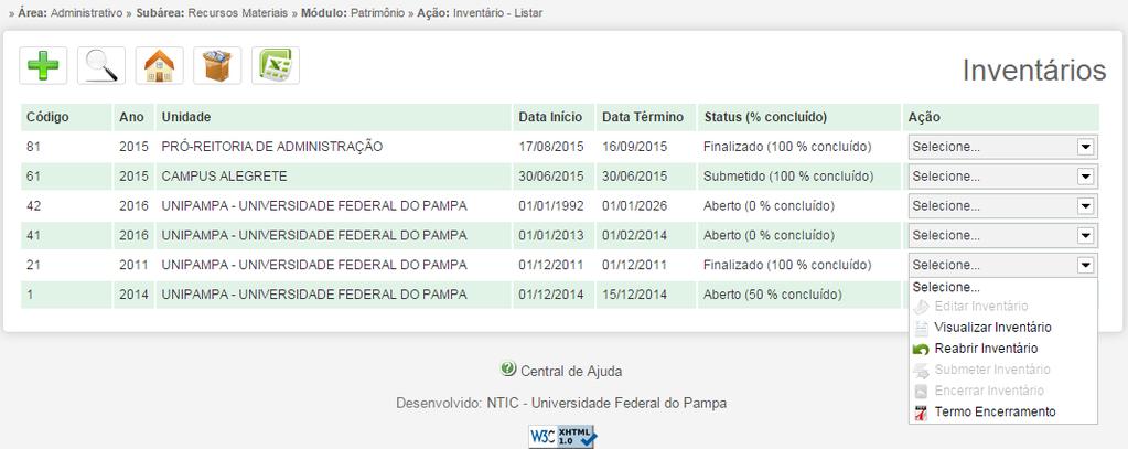 2.10 Inventário Patrimonial Para listar os Inventários Patrimoniais, execute o seguinte procedimento: 1 Clique no Menu Administrativo Recursos Materiais, na parte superior esquerda da tela.