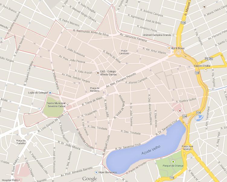 Figura 1 Mapa central da cidade de Campina Grande, PB. Fonte: https://www.google.de/maps (2014) A D B C Os pontos de monitoramento dos teores de CO foram distribuídos nos Setores A, B, C e D.