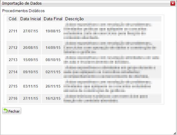 Caso o professor seja o mesmo do semestre anterior, ao clicar no ícone de importar, uma janela é aberta mostrando os diferentes itens de