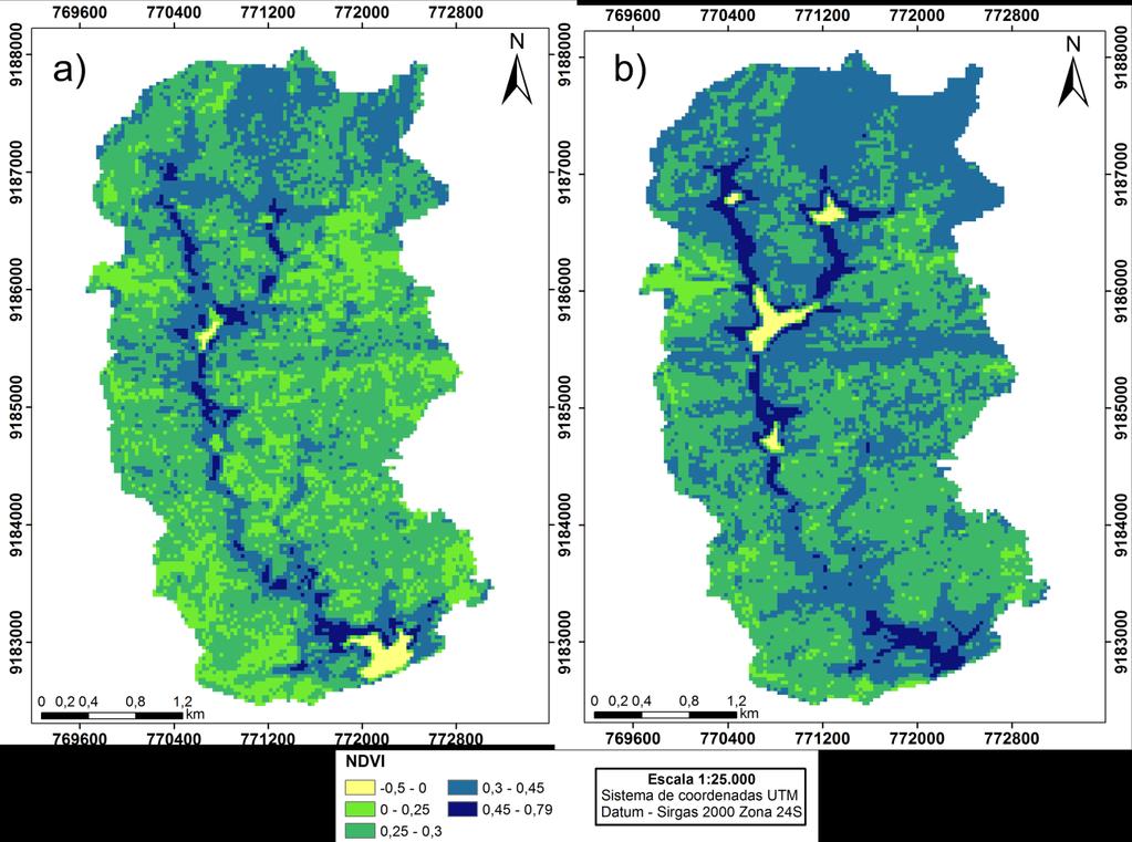 Figura 12. Mapas de NDVI da área de estudo para os dias: (a) 17/12/2004 e (b) 28/10/2009. Figura 13.