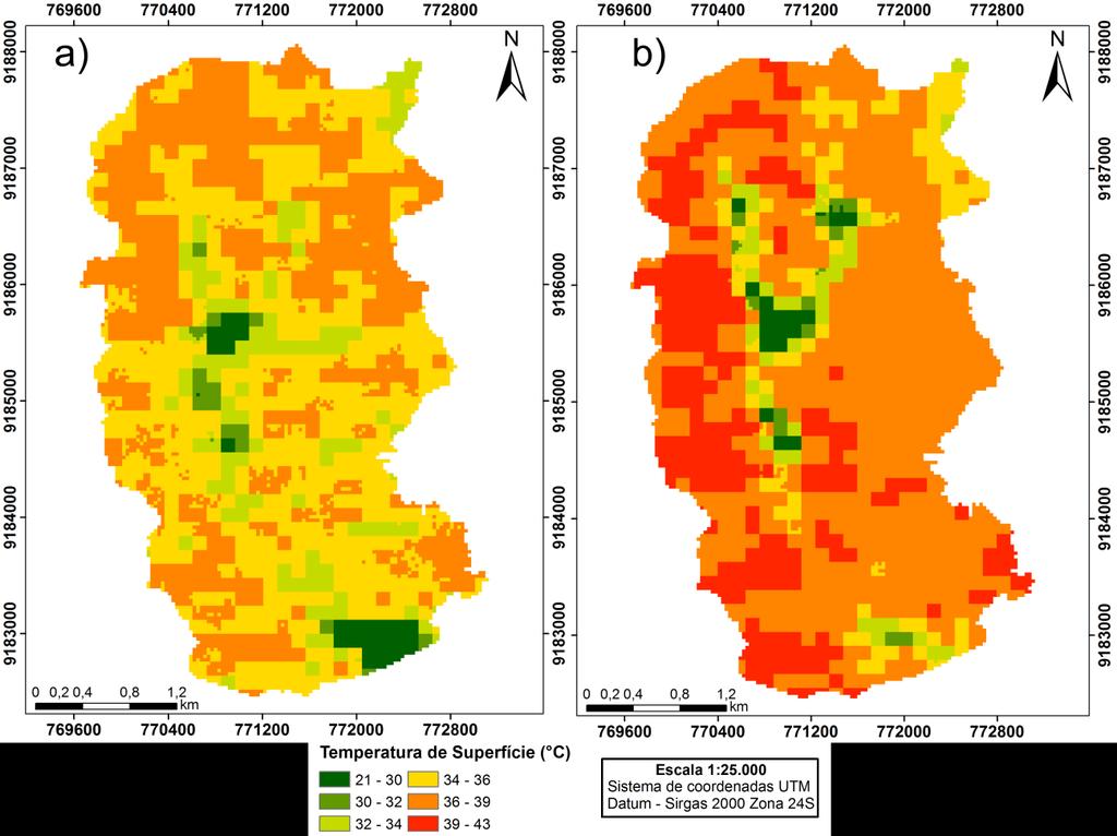 Figura 16. Mapas de temperatura de superfície da área de estudo para os dias: (a) 17/12/2004 e (b) 28/10/2009.