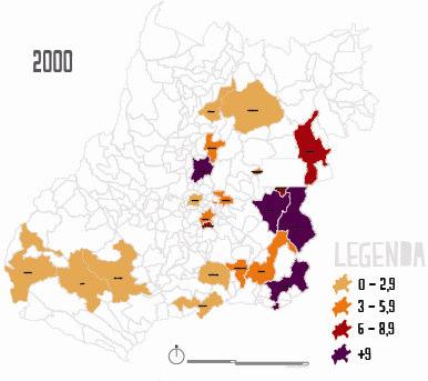 Distribuição espacial dos índices de mortalidade No arranjo espacial dos municípios da amostra e dos diversos patamares das taxas de mortalidade no trânsito em 2000 e 2010, não é possível identificar