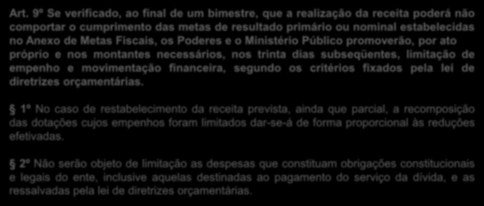 LEI DE DIRETRIZES ORÇAMENTÁRIAS b) critérios e forma de limitação de empenho, a ser efetivada nas hipóteses previstas na alínea b do inciso II deste artigo, no art. 9o e no inciso II do 1º do art.