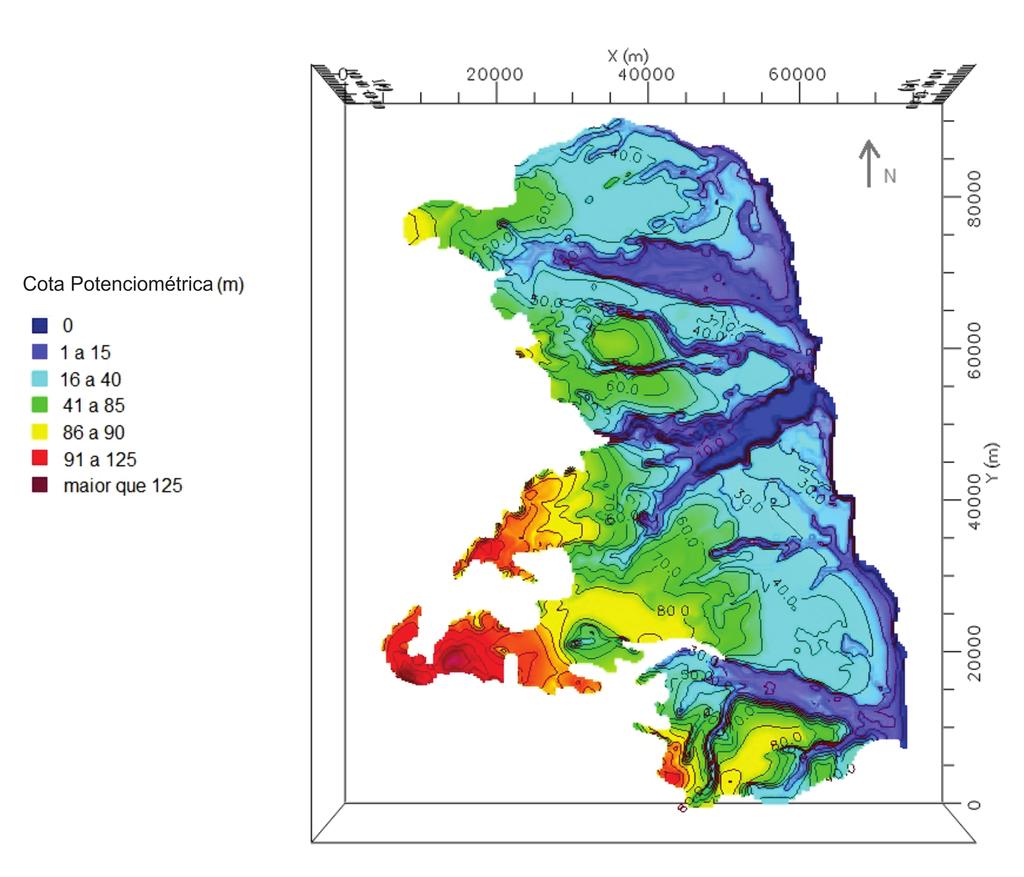 Modelo Numérico Cenário atual: Mapa potenciométrico com taxas de recarga apresentadas nas condições de contorno do Aquífero Barreiras e explotação de 3500 poços.