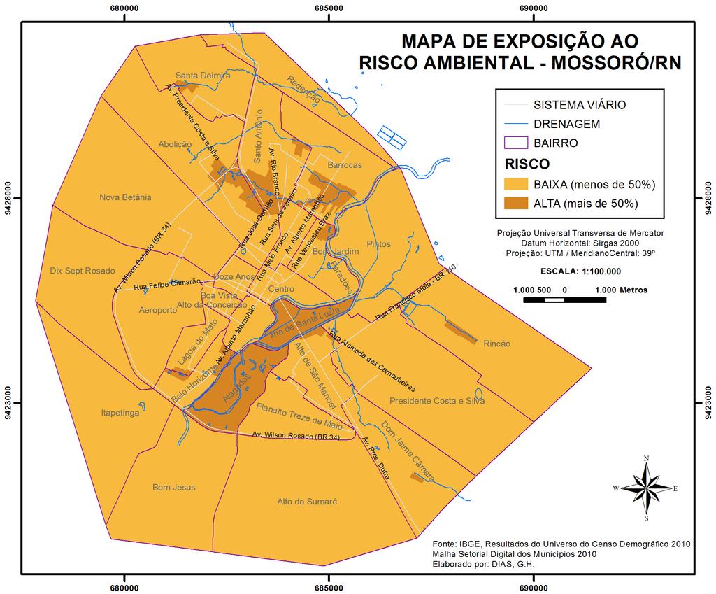 O mapa de exposição ao Risco Ambiental (Figura 1) foi montado com base na distância dos setores censitários ao corpos hídricos, obedecendo a uma distância de 100 metros.