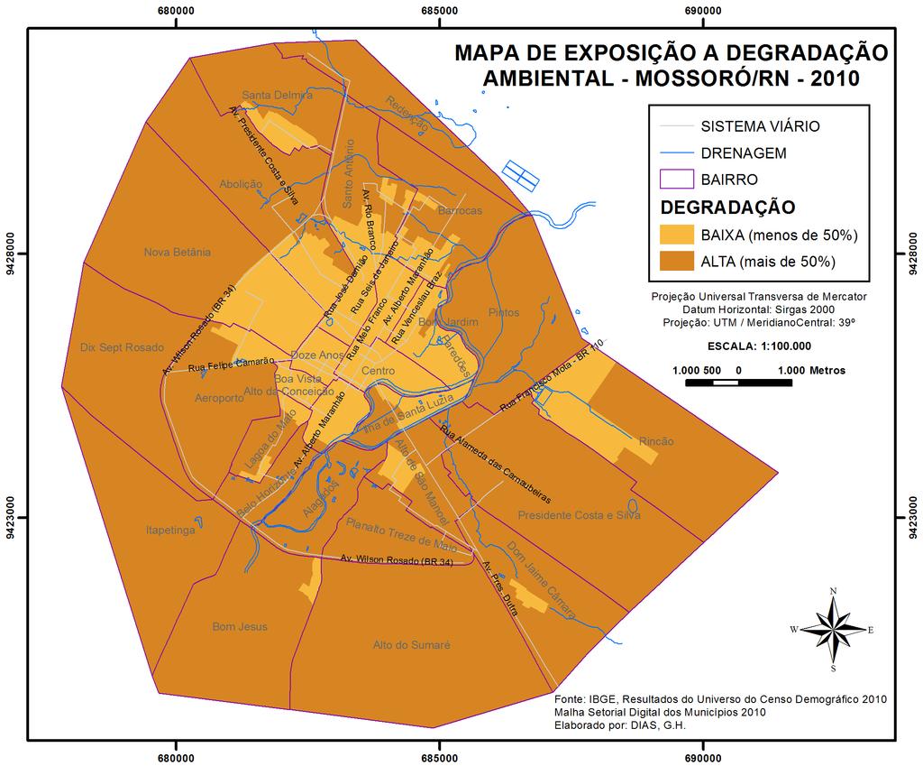 O mapa de Exposição à Degradação Ambiental (Mapa 2) levou em consideração os setores censitários com cobertura de rede de saneamento.