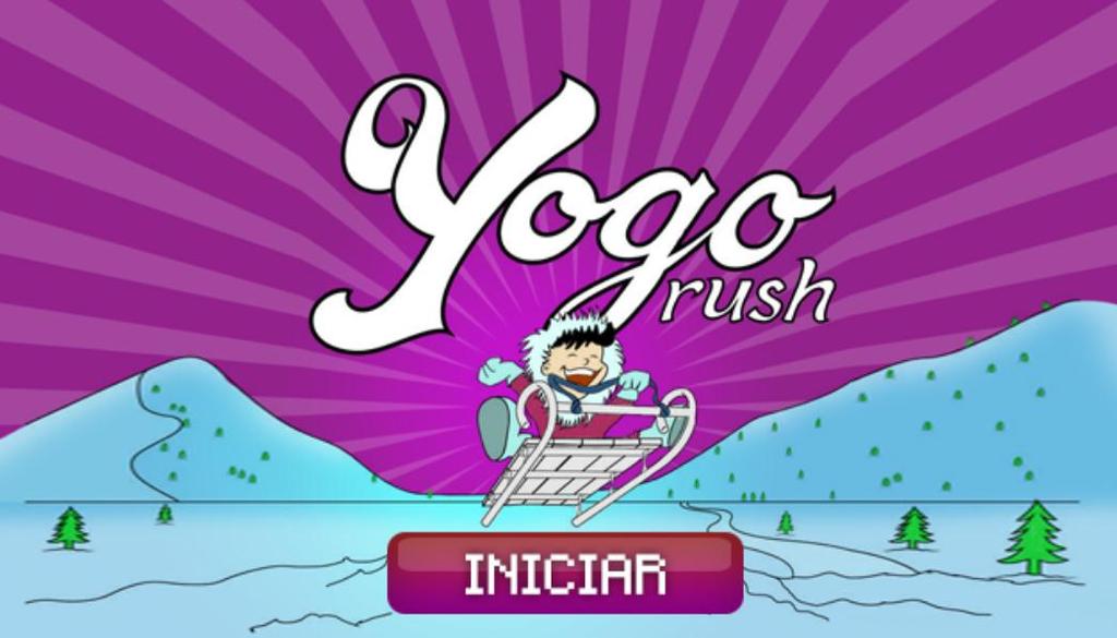 Figura 3 Imagem ilustrativa - Tela inicial do game Yogo Rush 5.10.2 Game Cenário de neve, com montanhas ao fundo, pinheiros em uma segunda camada e por fim as plataformas de gelo.