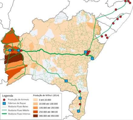 Figura 9. Detalhamento da infraestrutura de transportes e sua utilização para escoamento do milho produzido no estado da BA Fonte: ESALQ-LOG (2016).
