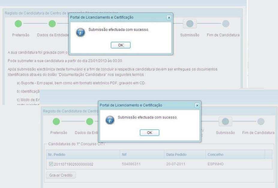 Fig. 24 - Exemplo do ecrã com a mensagem indicada ao utilizador/entidade ao efectuar a operação de submissão com sucesso Após uma operação de