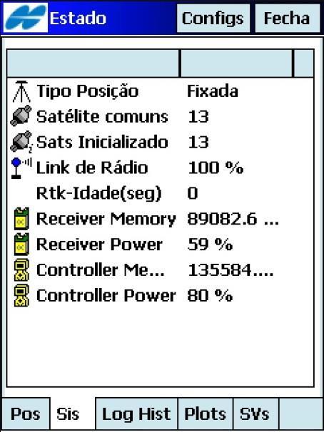 58 Na aba Sis (Figura 79) tem-se informações do sistema tais como: tipo de solução para a ambiguidade; satélites comuns; a intensidade