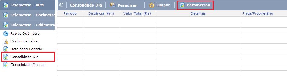 Para visualizar o relatório clique sobre o menu Consolidado Dia e em seguida em Parâmetros, observe a imagem abaixo: Após,