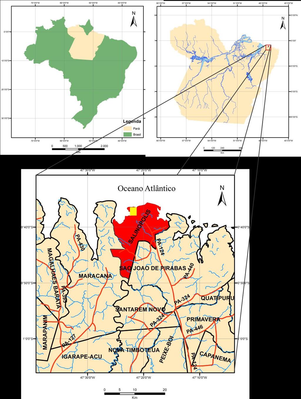 Figura 1: Localização do Município de Salinópolis. O retângulo amarelo representa a área do estudo.