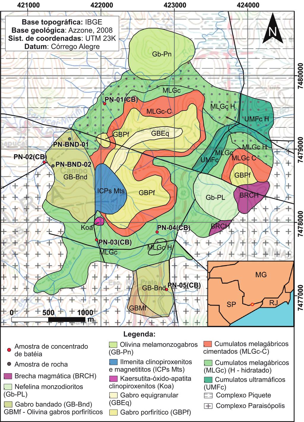 Magnetita vanadífera do Maciço Ponte Nova: uma Abordagem Exploratória Figura 1 Mapa Geológico do Maciço de Ponta Nova (Azzone, 008),