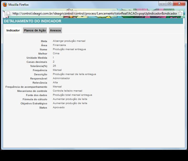 O detalhamento do indicador apresenta como o indicador foi definido, bem como o Plano de Ação traçado e possíveis anexos (ver Fig. 13).