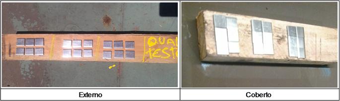 Após a preparação em laboratório a área média da superfície de exposição foi de 715,93 mm 2, peso médio de 23,1027 g e espessura média de 4,0 mm, as amostras foram levadas aos respectivos ambientes