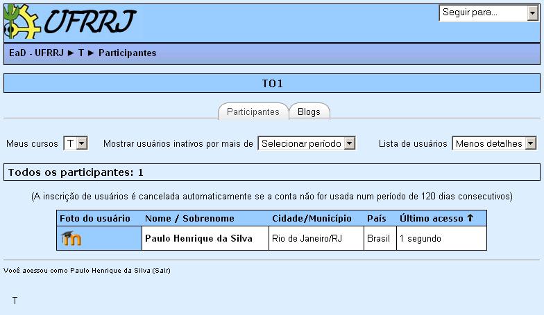 Participantes A caixa de participantes permite que você veja todos os professores e alunos que estão participando do curso.