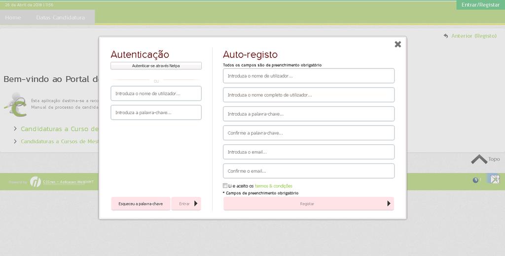 Em seguida é apresentada uma sugestão de preenchimento de dados de registo de utilizador.