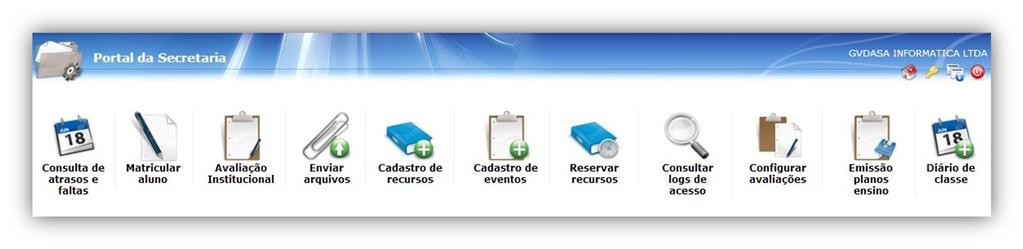 2. Visão Geral Na página inicial serão exibidos os ícones disponíveis para as tarefas da secretaria. Figura 2 - Visão geral do Portal da secretaria 2.1.