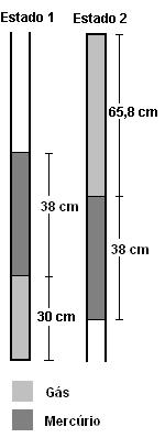 5) Em um tubo de vidro estreito (diâmetro interno: 2,5 mm) há uma amostra de gás ideal em equilíbrio térmico (estado 1) com a atmosfera (temperatura da atmosfera: 27 o C; pressão atmosférica: 1 atm =