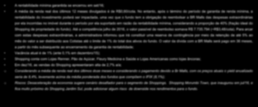 Shpping Jardim Sul A rentabilidade mínima garantida se encerru em set/16; A média da renda real ds últims 12 meses divulgads é de R$0,60/cta.