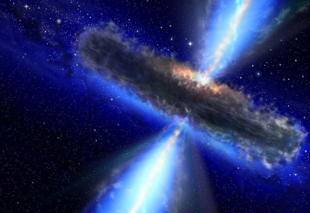 Núcleos Ativos de Galáxias No centro de galáxias massivas existem buracos negros supermassivos, com massas de milhões a bilhões de vezes a massa do sol; Quando esses buracos negros estão engolindo