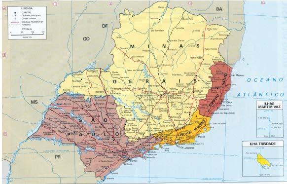 Comunicação cartográfica No mapa da divisão político administrativa da Região Sudeste do Brasil,